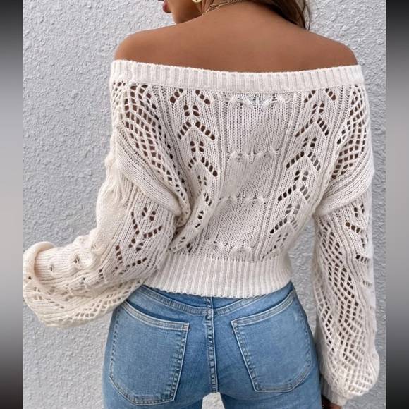 Luxe Sheer Crochet Knit Drop Shoulder Cropped Sweater Top Black - Picture 6 of 16